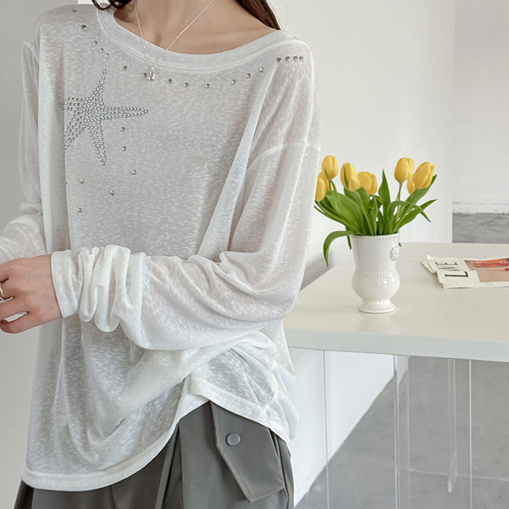 Women’s Star Rhinestone Off-Shoulder Sheer Long-Sleeve Top