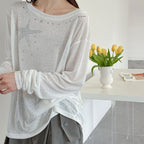 Women’s Star Rhinestone Off-Shoulder Sheer Long-Sleeve Top