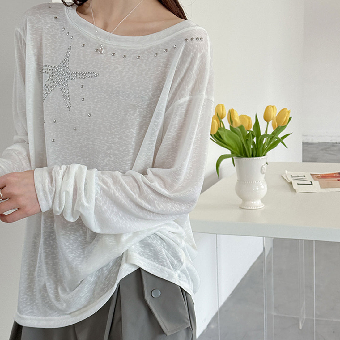 Women’s Star Rhinestone Off-Shoulder Sheer Long-Sleeve Top