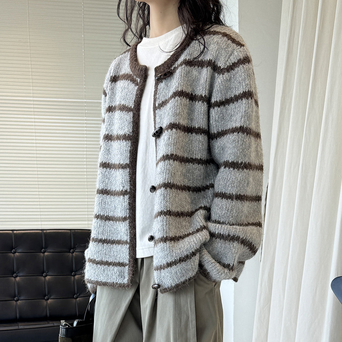 Retro striped horn button plush knitted cardigan top