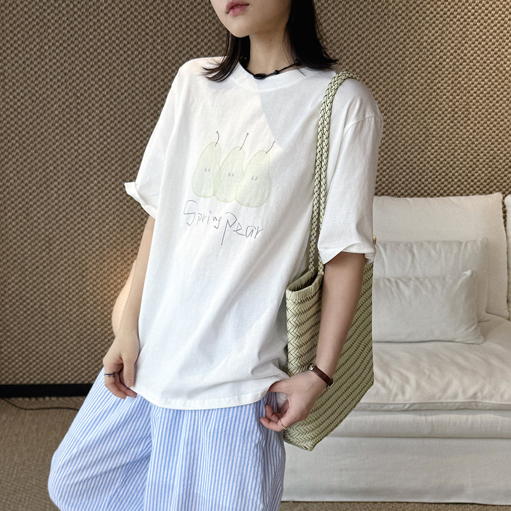 Oversized Spring Pear Graphic Cotton T-Shirt