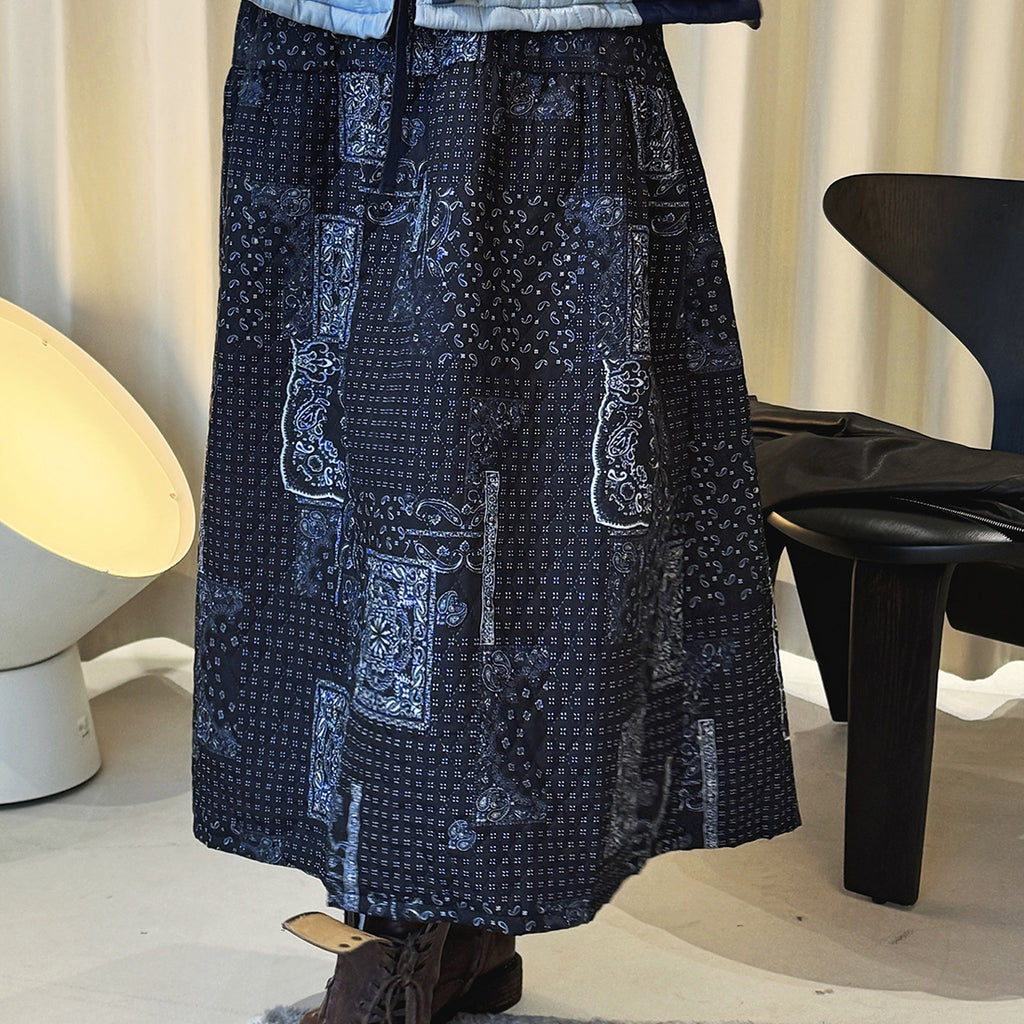 Retro Cashew Flower Splicing Elastic Waist Loose Skirt