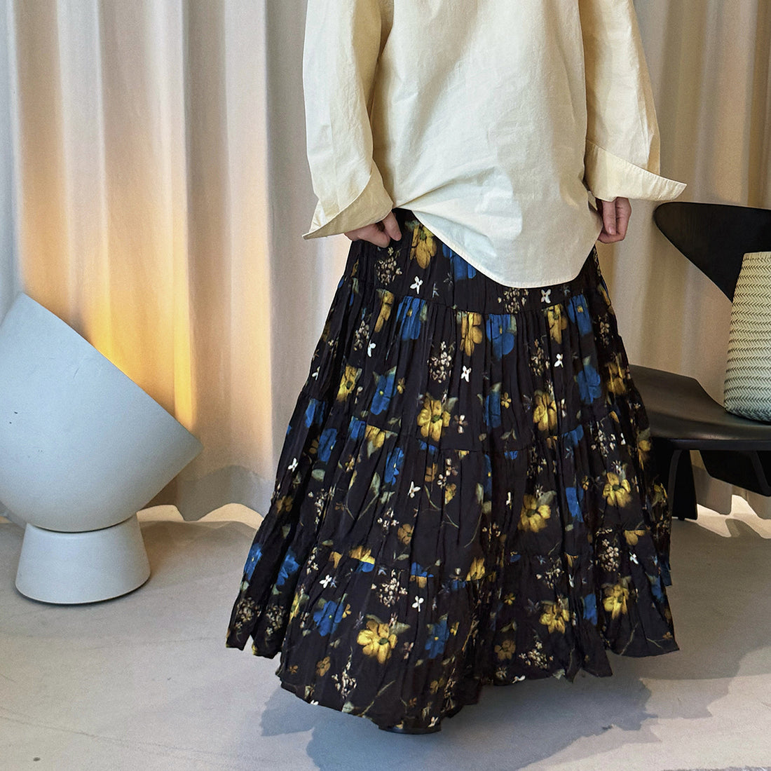 Retro elastic waist printed pleated A-line maxi skirt