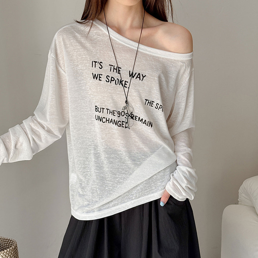 Women’s Off-Shoulder Letter Print Sheer Long-Sleeve Top
