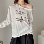 Women’s Off-Shoulder Letter Print Sheer Long-Sleeve Top
