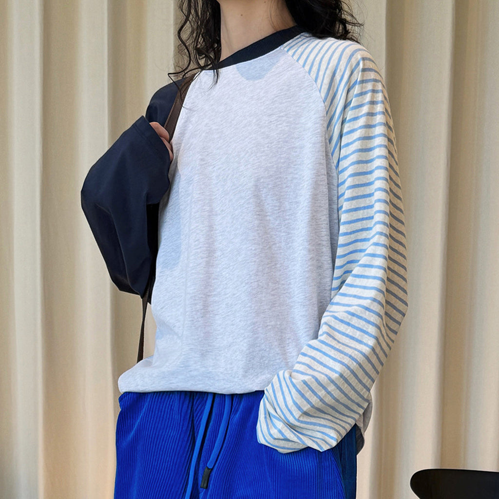 Color blocking striped patchwork round neck loose T-shirt top
