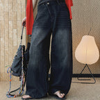 High waist denim jeans, wide leg loose fit, vintage wash