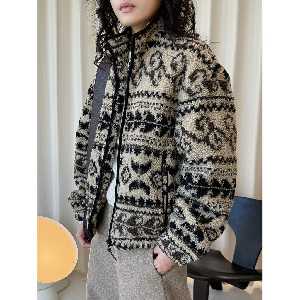 Retro Rolled Leaf Jacquard Lamb Fur Stand-Up Collar Thermal Fluffy Thick Coat