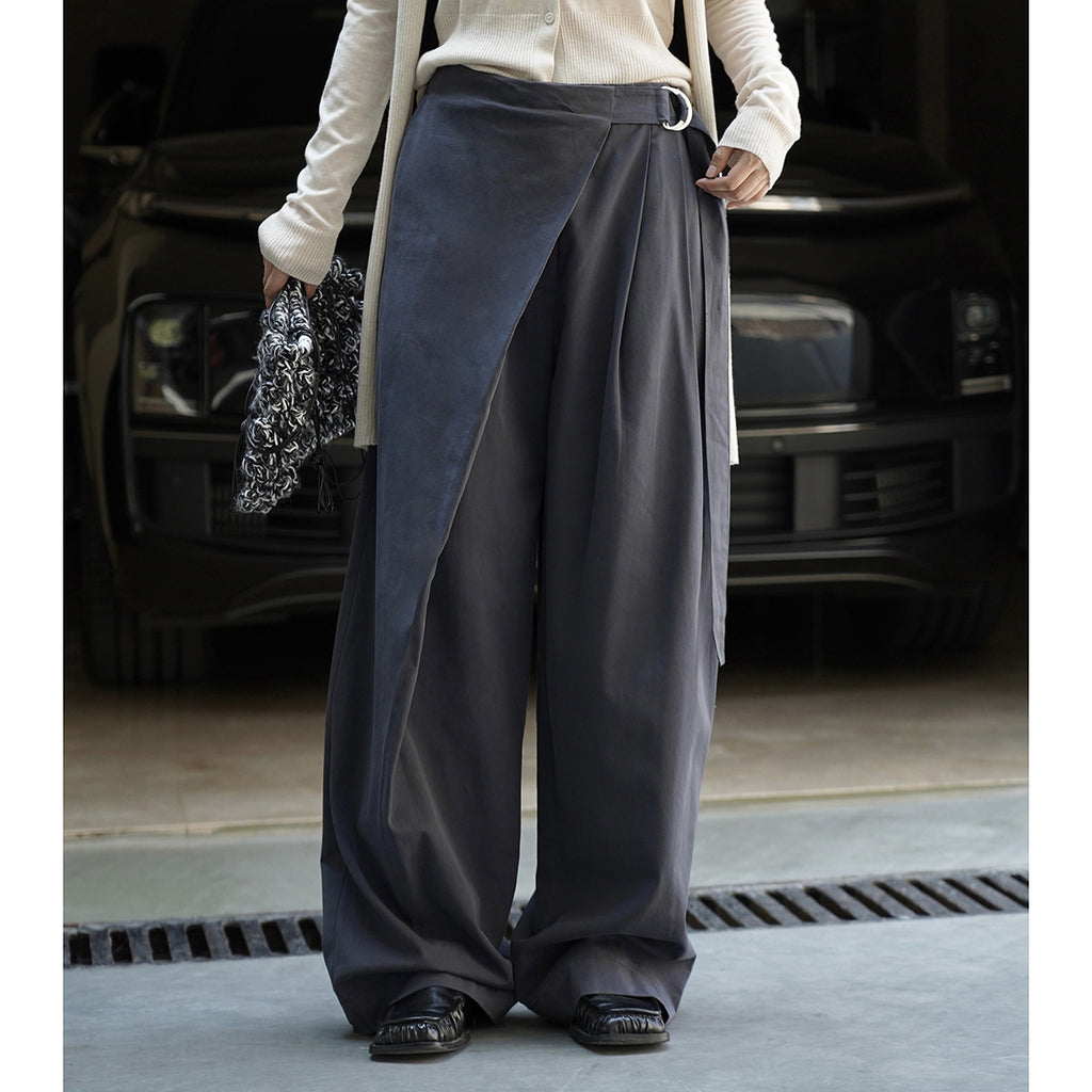 Retro slanted placket belt strap casual loose slimming pants