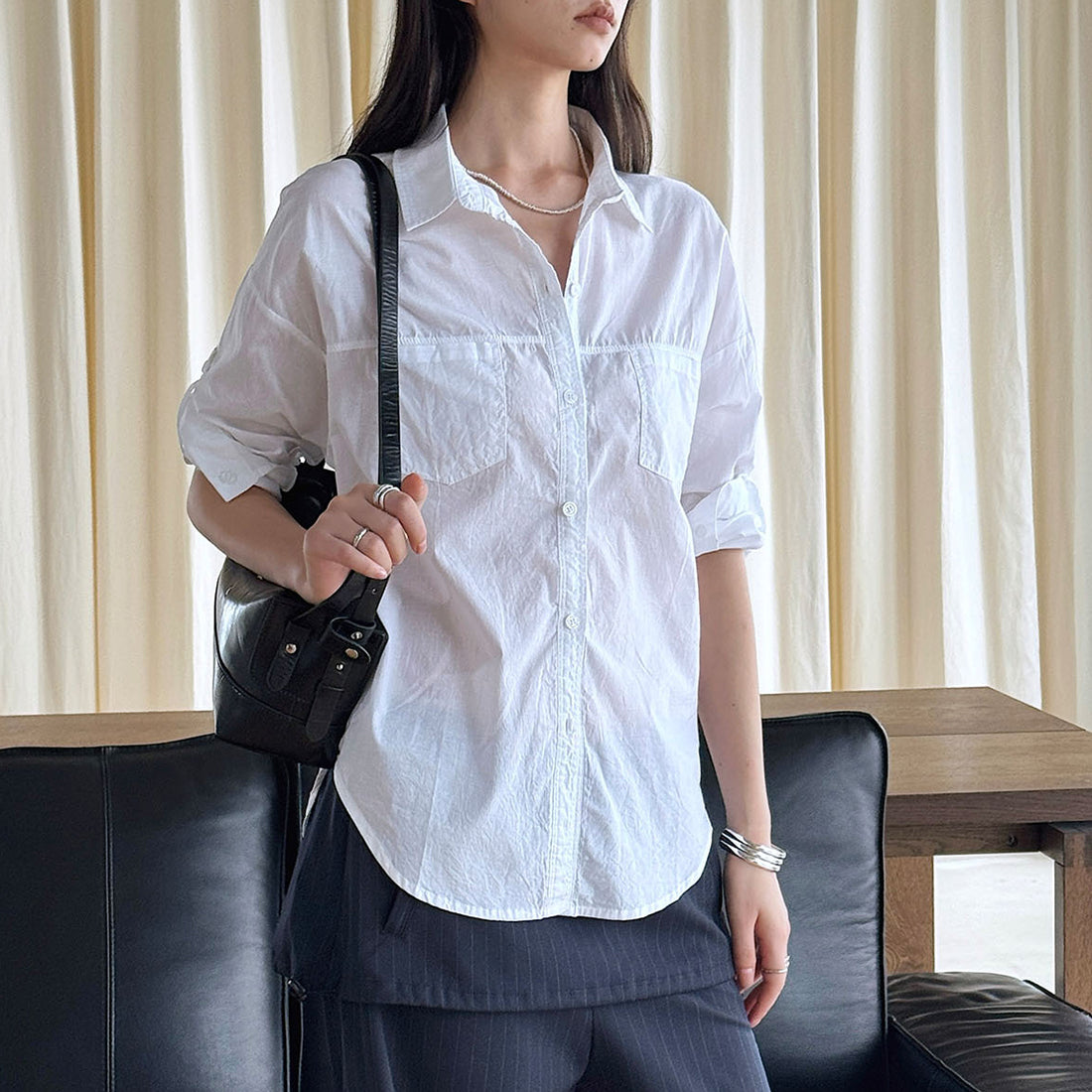 Line splicing loose button up shirt top