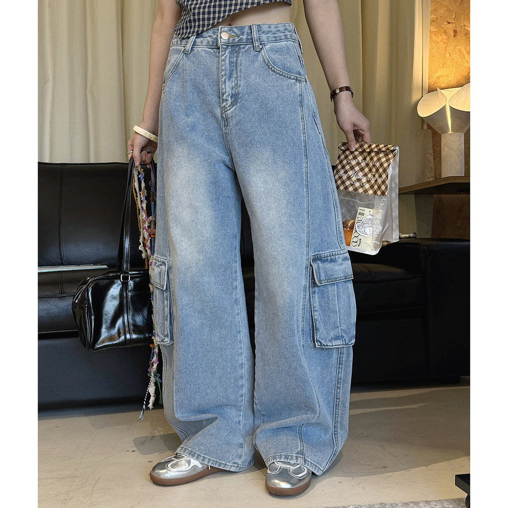 cargo wide leg jeans high waist loose fit vintage wash denim pants