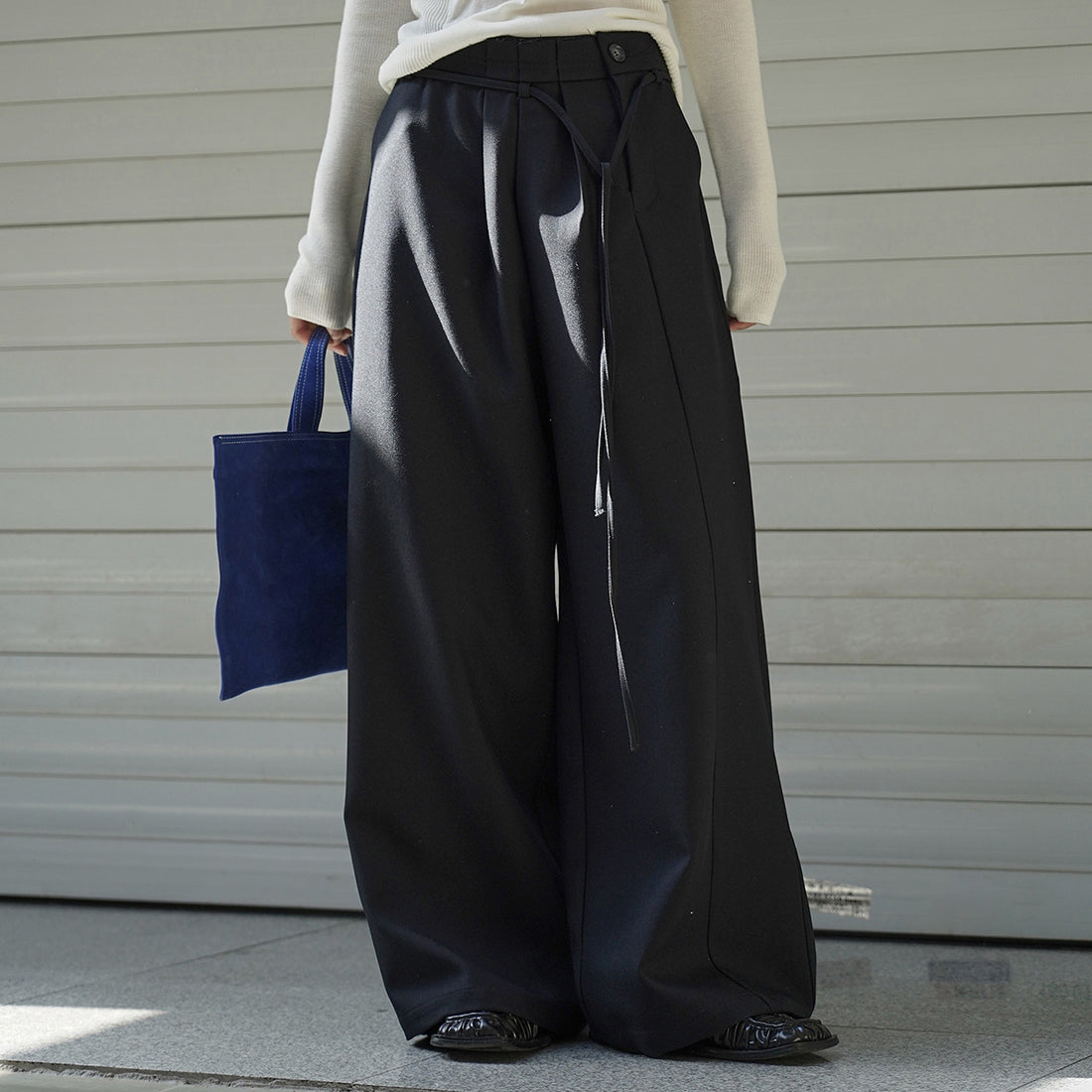 Retro pleated side placket wide leg pants