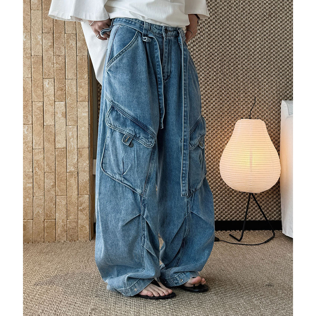 High-Waist Wide-Leg Denim Pants with Utility Pockets
