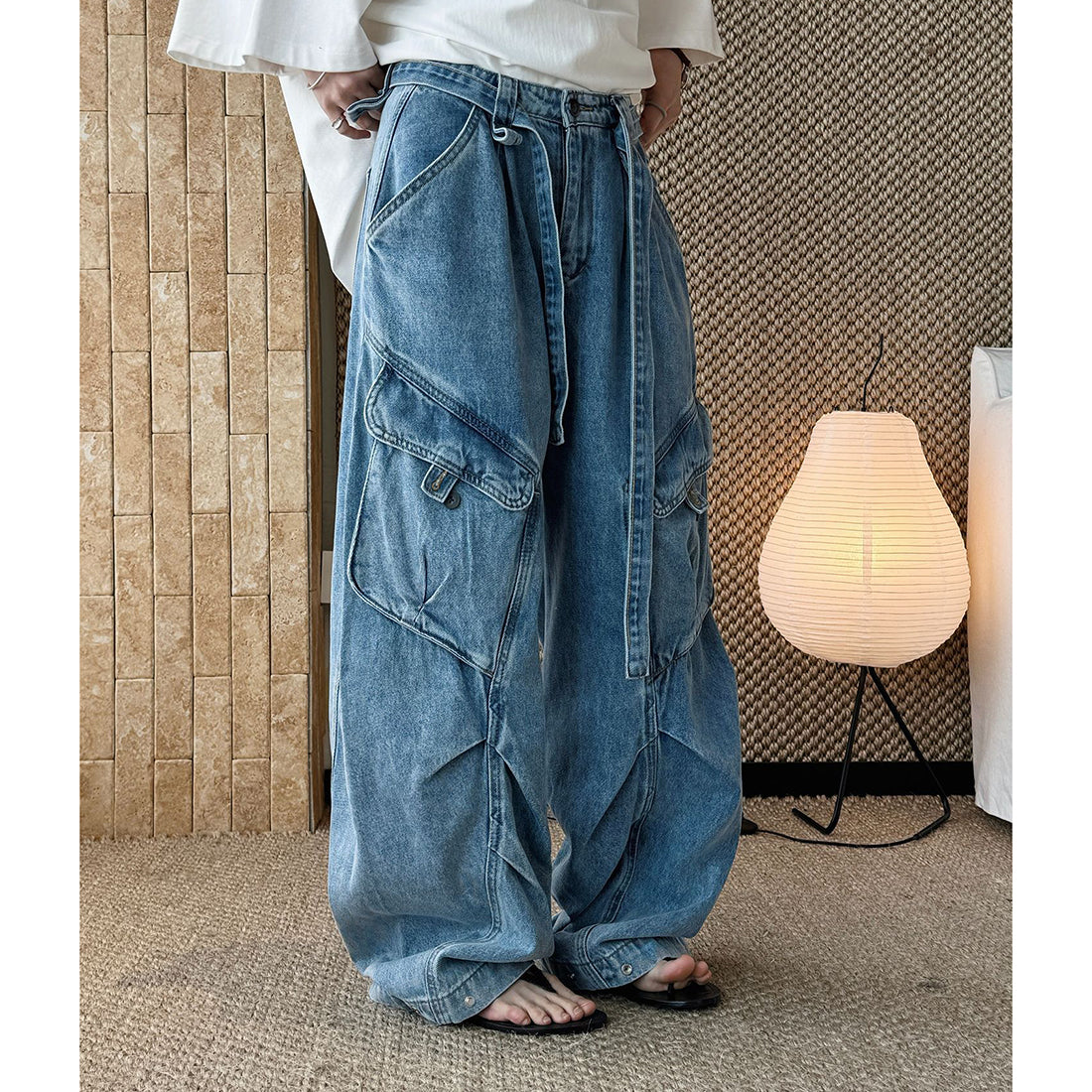 High-Waist Wide-Leg Denim Pants with Utility Pockets
