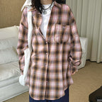 Vintage pink plaid oversized cotton shirt women loose casual long sleeve blouse