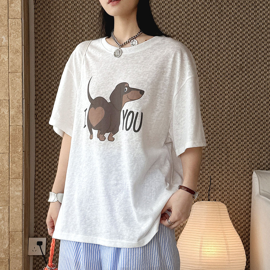 Round neck sausage dog letter printed short sleeve T-shirt top