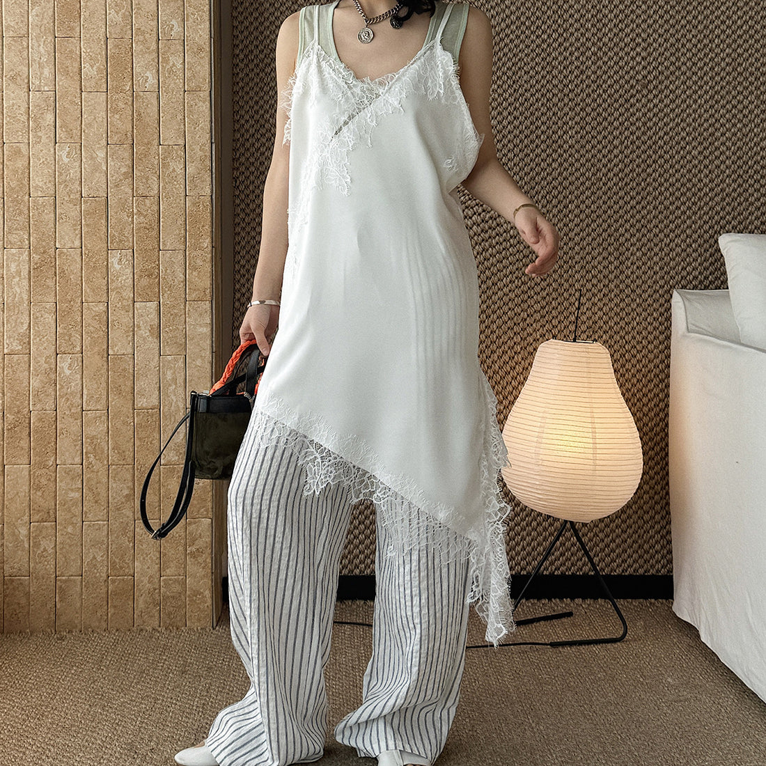 V-neck lace slimming base strap asymmetrical hem top