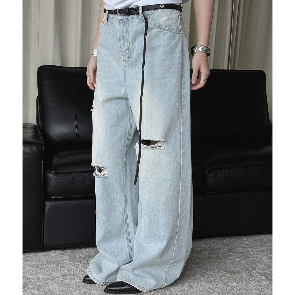 High waisted washed ripped straight leg jeans