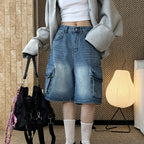 cargo denim bermuda shorts high waist loose fit wide leg washed jeans