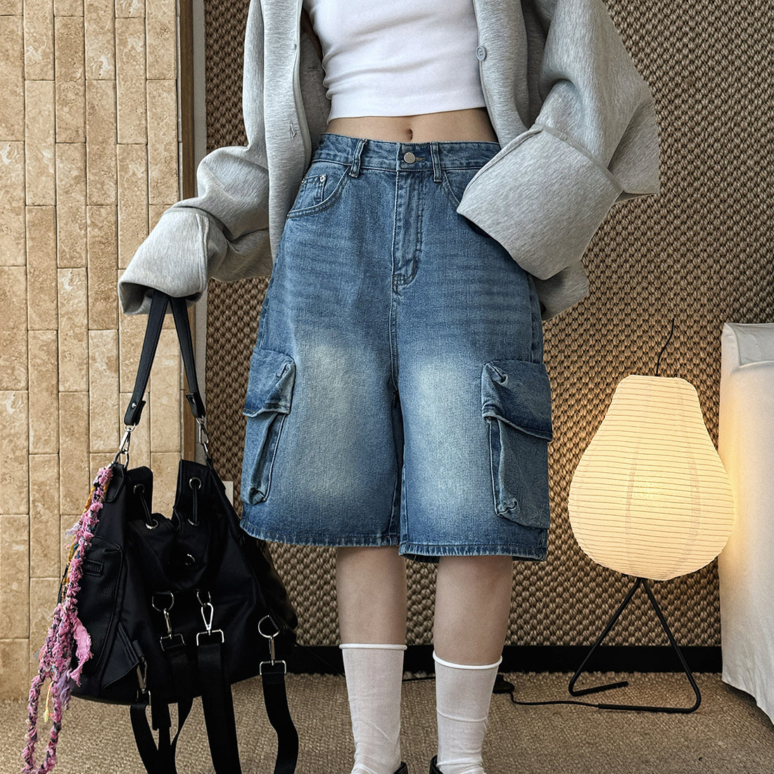 cargo denim bermuda shorts high waist loose fit wide leg washed jeans