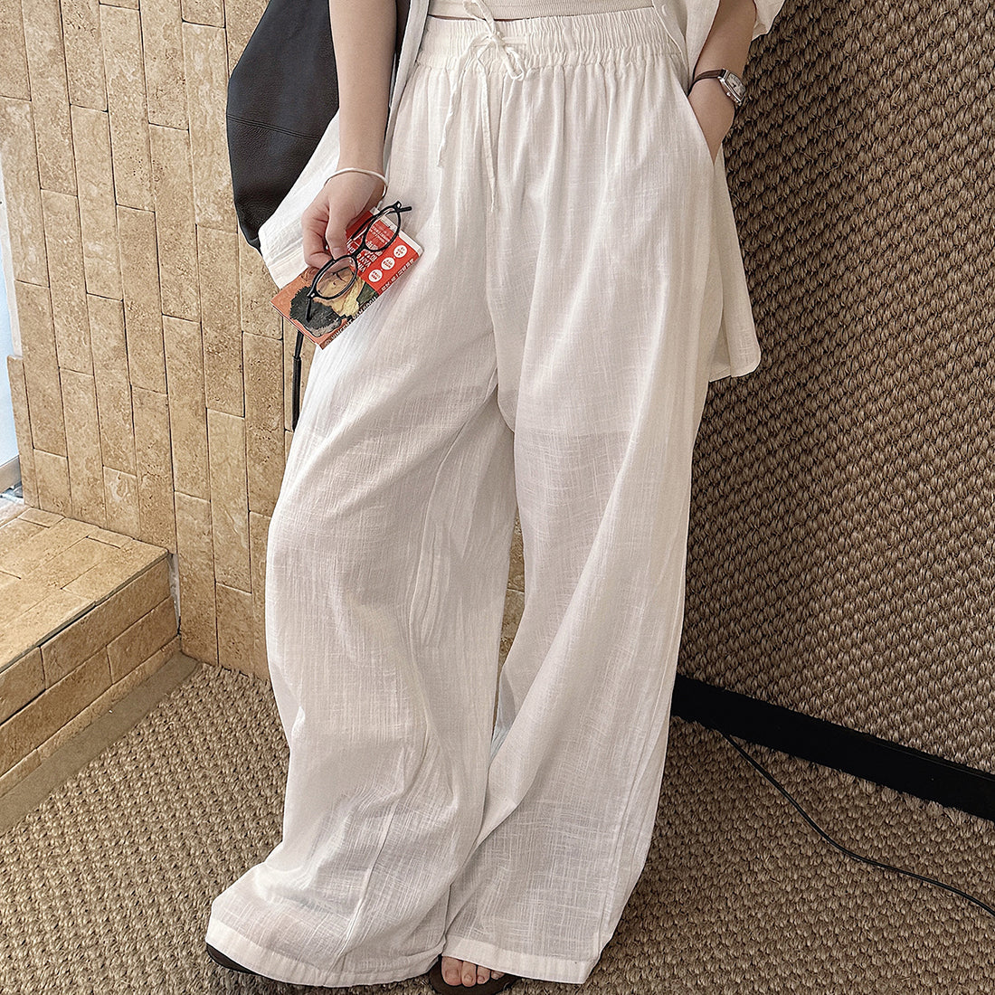 High Waist Cotton Linen Wide Leg Pants with Drawstring