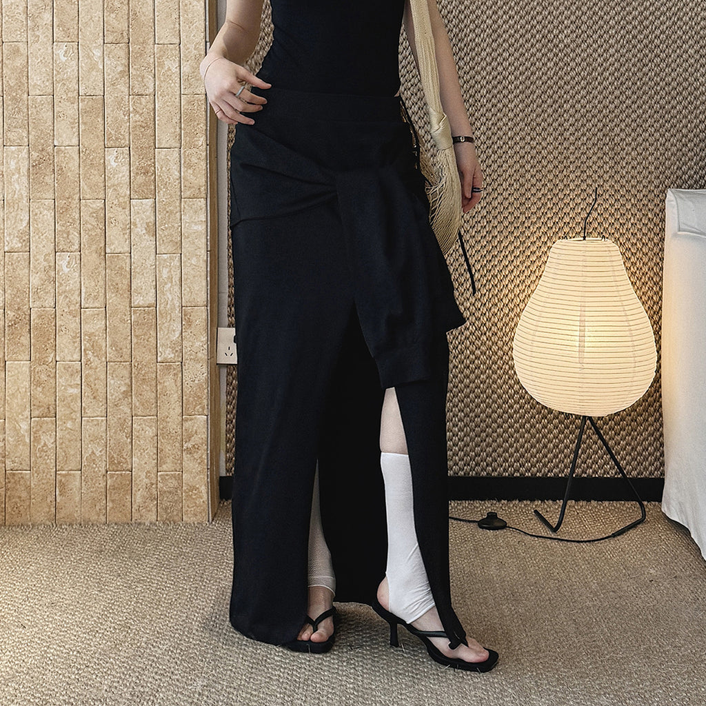 High-Waist Draped Maxi Skirt with Side Slit Detail