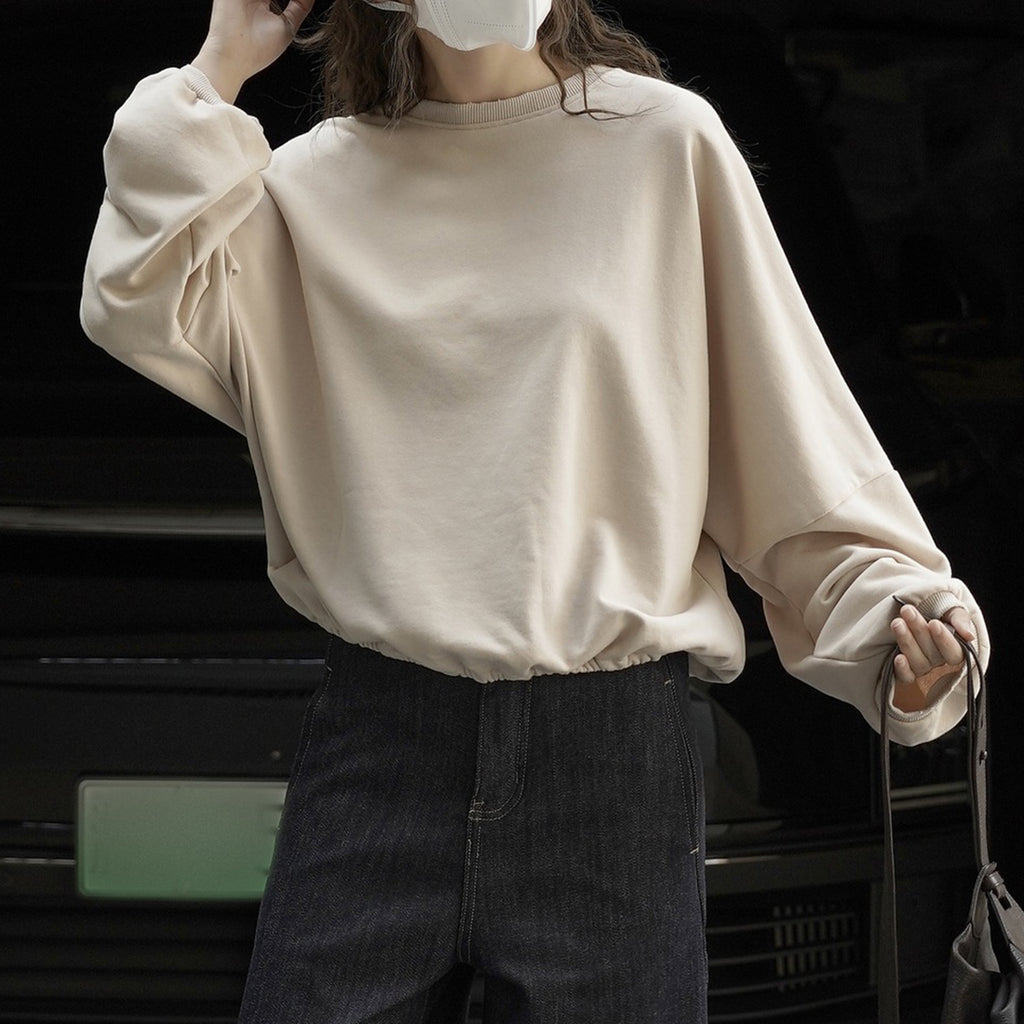 Round neck hem pleated long sleeved top sweatshirt