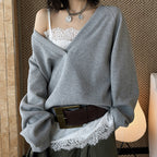 Deep V-neck raglan loose long sleeved sweatshirt