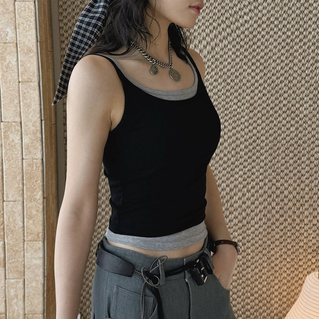 layered tank top slim fit stretchy camisole contrast trim sleeveless top