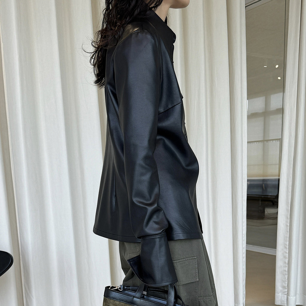 Big collar PU leather button jacket top