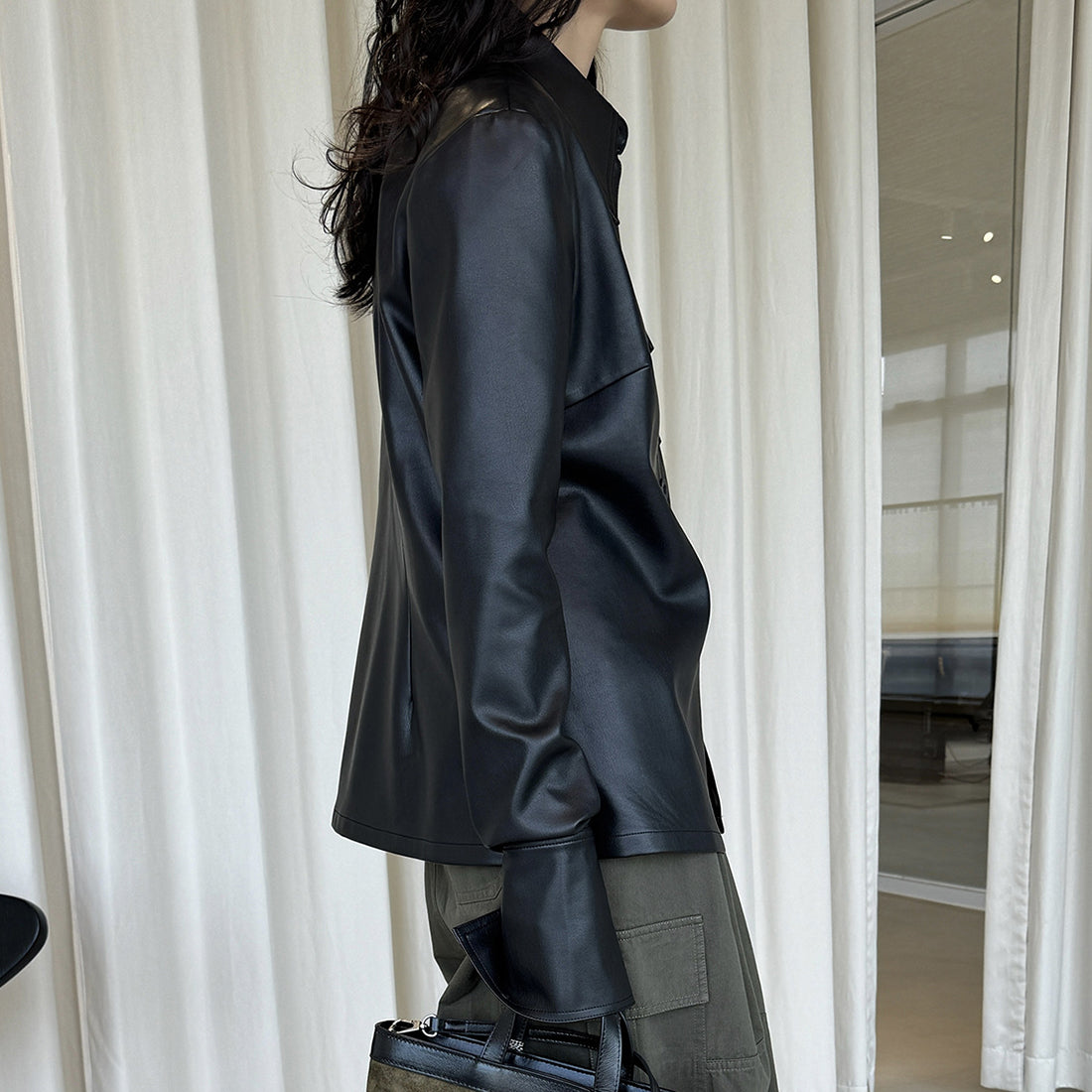 Big collar PU leather button jacket top