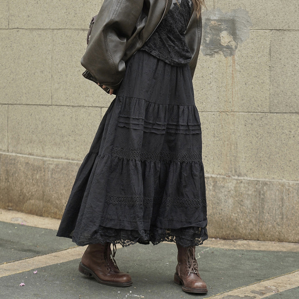 French retro patchwork floral lace skirt A-line long skirt