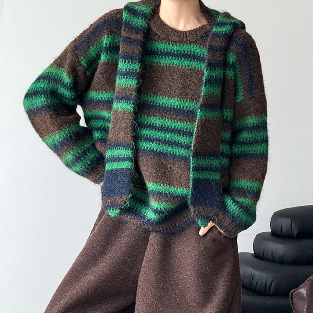 Loose retro contrasting striped sweater with shawl
