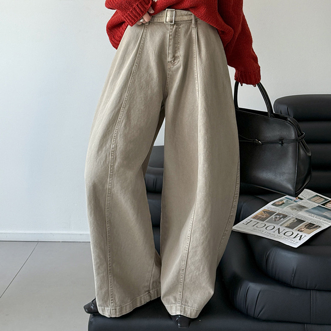High waist wide leg pants women loose casual trousers with belt cotton