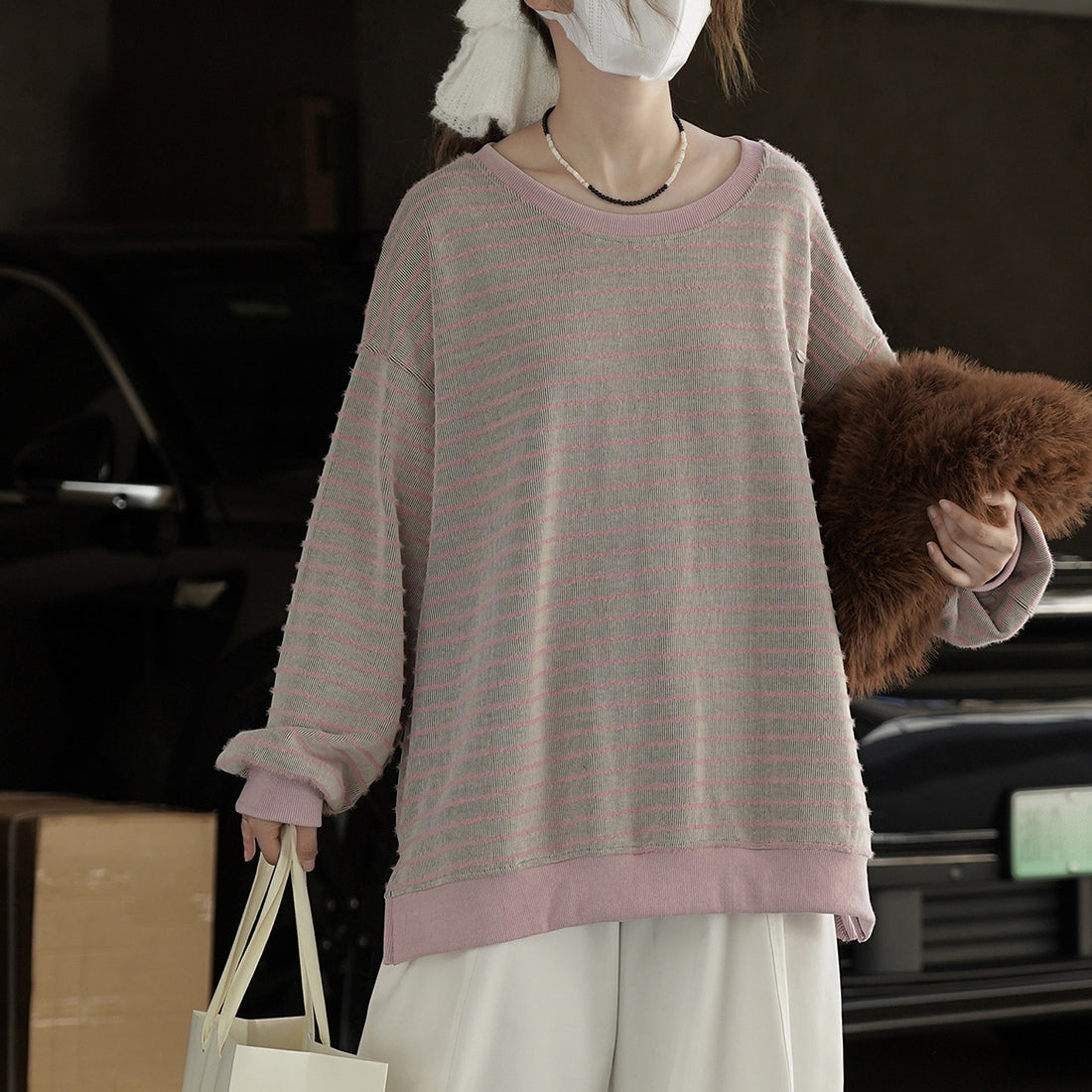 Lazy retro contrasting colors and stripes long sleeves sweatshirt