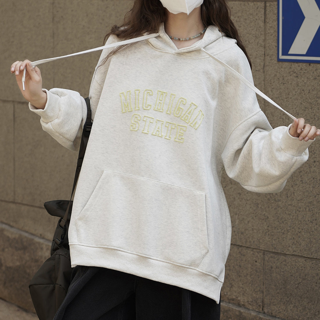 American letter printed loose hooded sweatshirt top