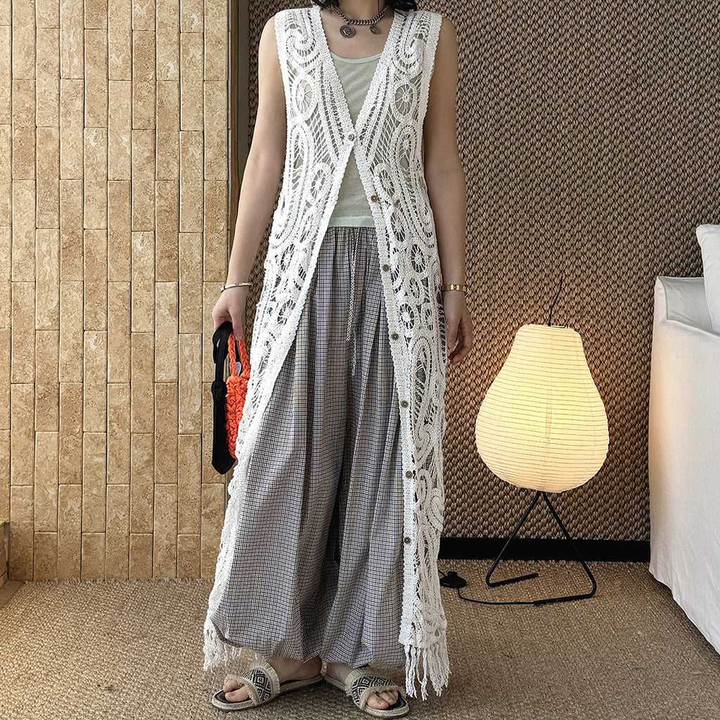 sleeveless long vest lace knit cardigan v neck button down hollow out lightweight layering top