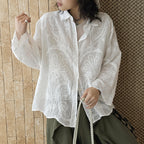White embroidered cotton blouse loose long sleeve sheer lace shirt women