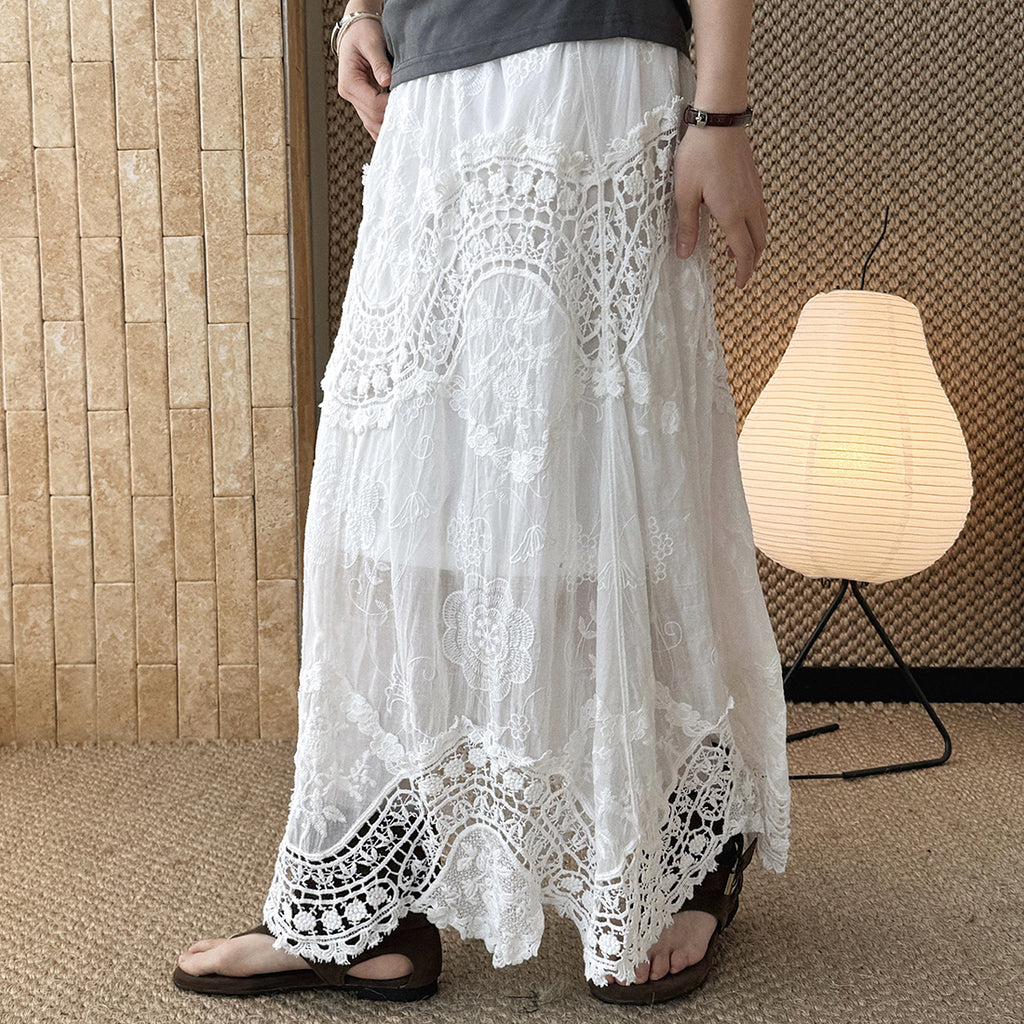 Boho lace embroidered maxi skirt with flowy silhouette and soft lining