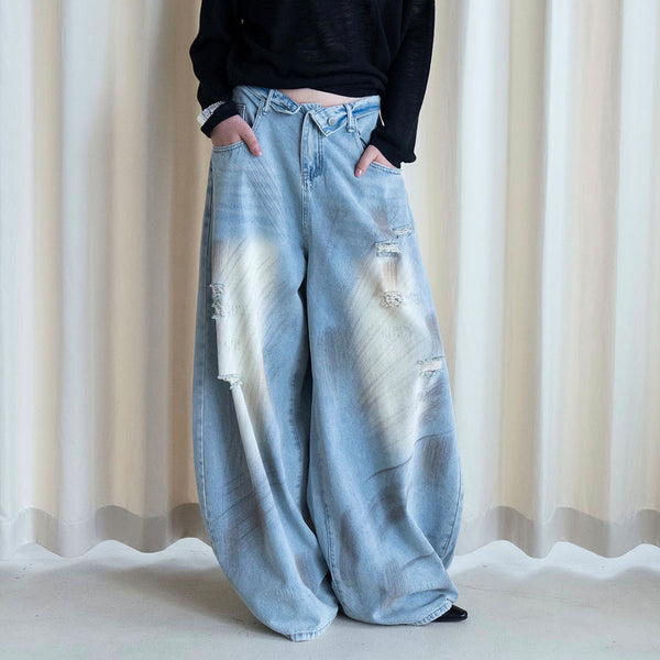 American retro ripped wide leg jeans