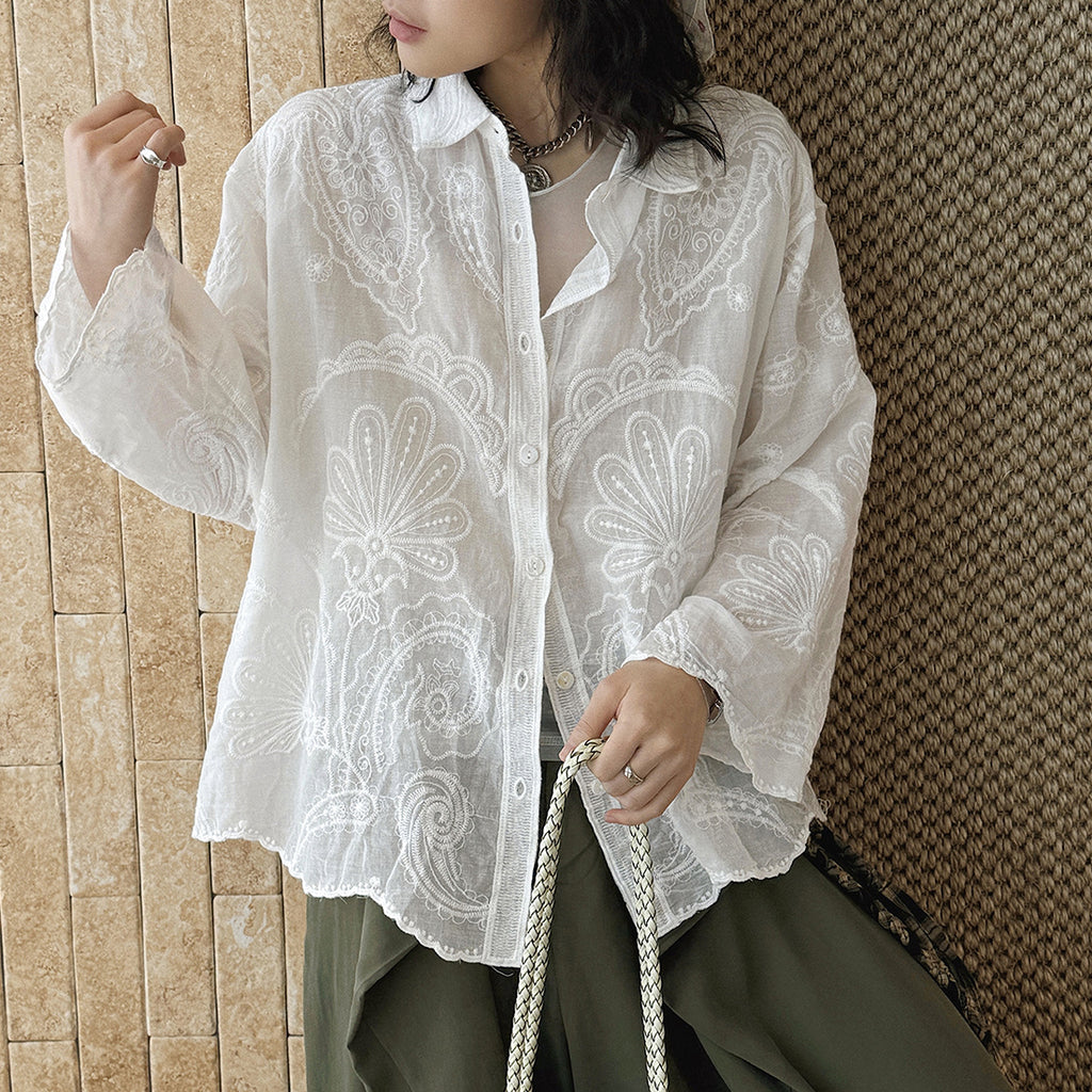 embroidered sheer shirt loose fit long sleeve button down lightweight cotton blouse