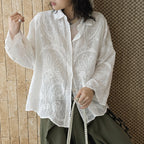 embroidered sheer shirt loose fit long sleeve button down lightweight cotton blouse