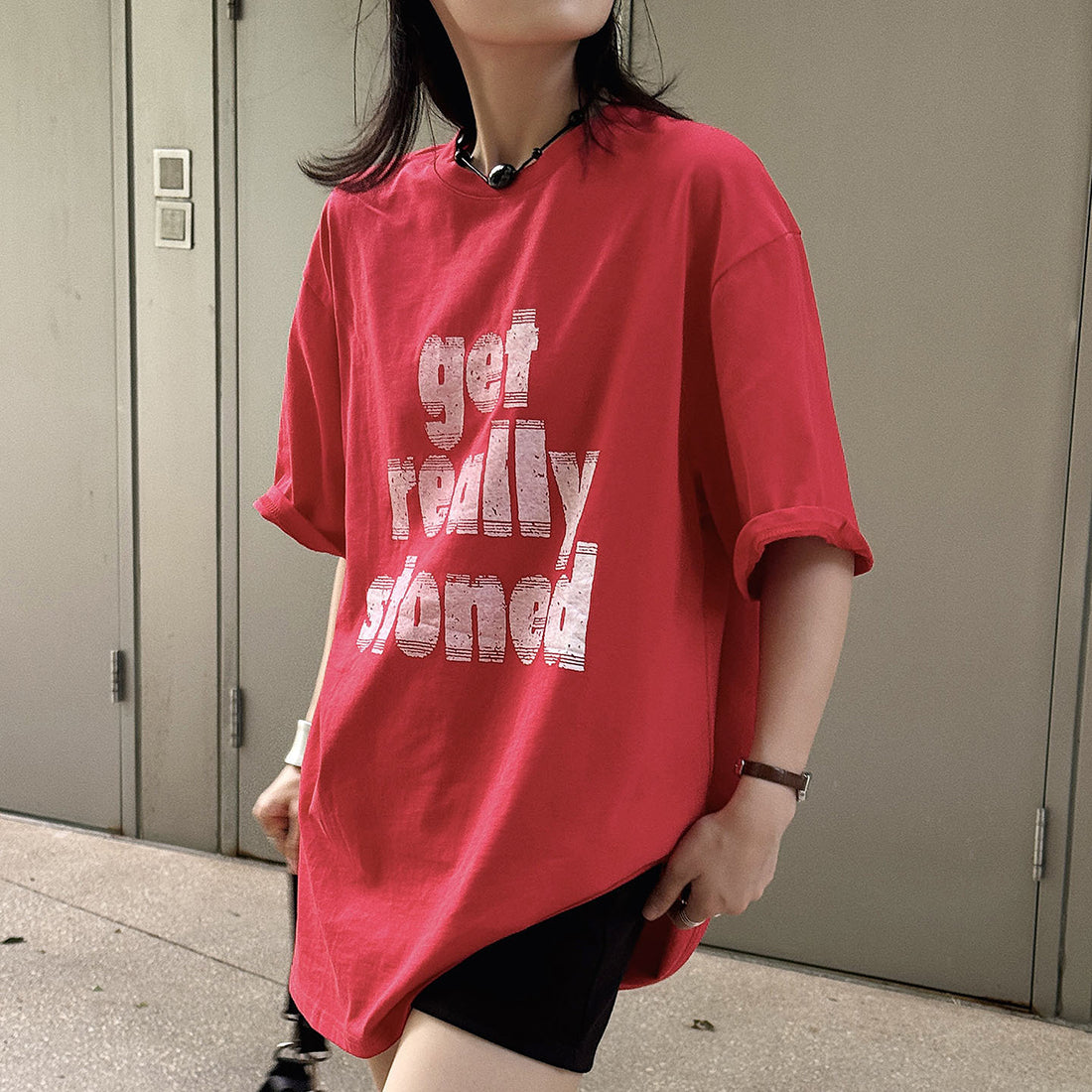 Round neck letter printed shoulder loose T-shirt top