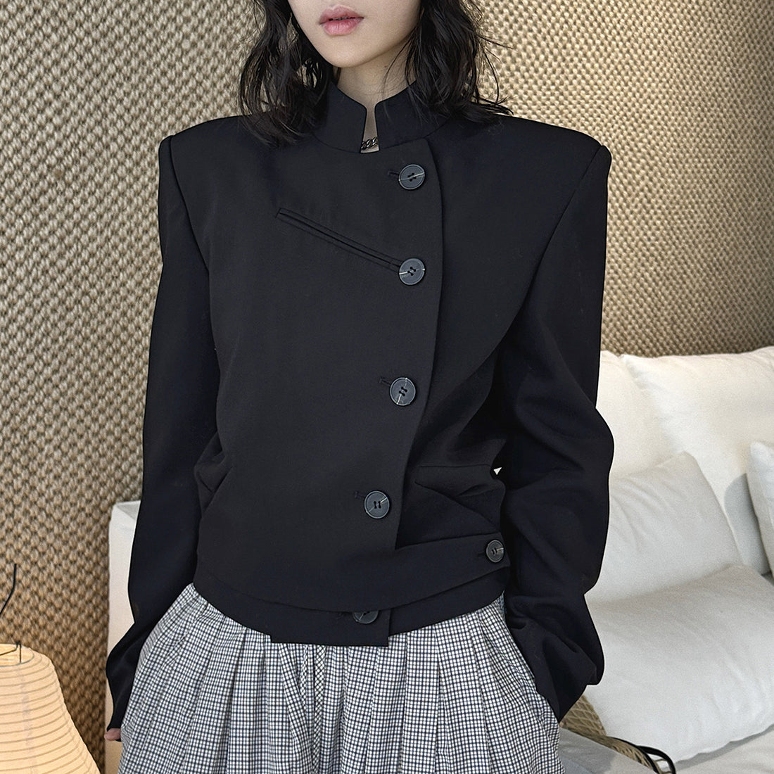 Stand collar cropped structured blazer jacket