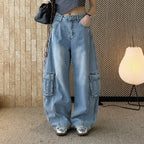 High waist vintage wash cargo wide leg jeans with utility pockets