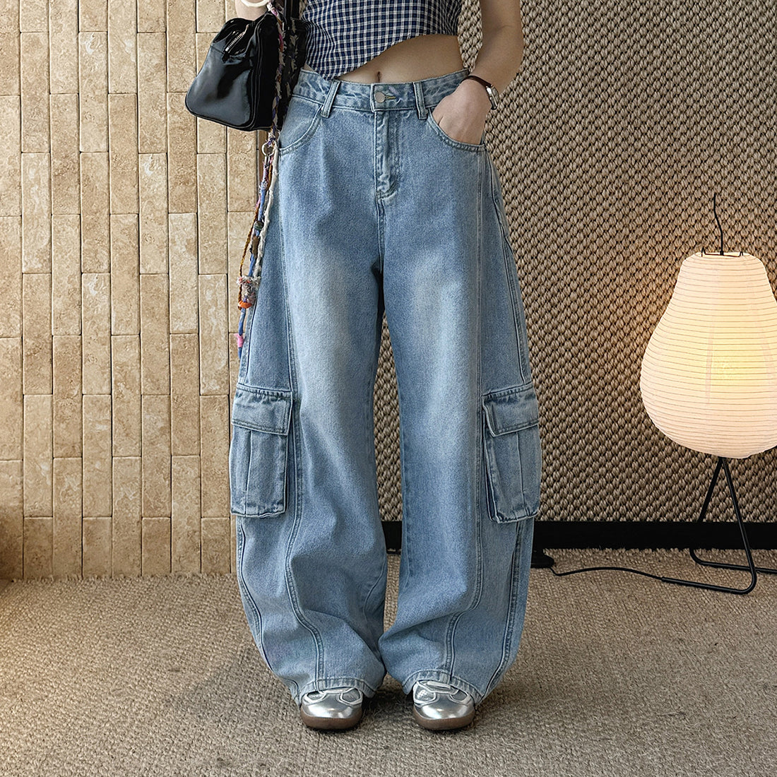 High waist vintage wash cargo wide leg jeans with utility pockets