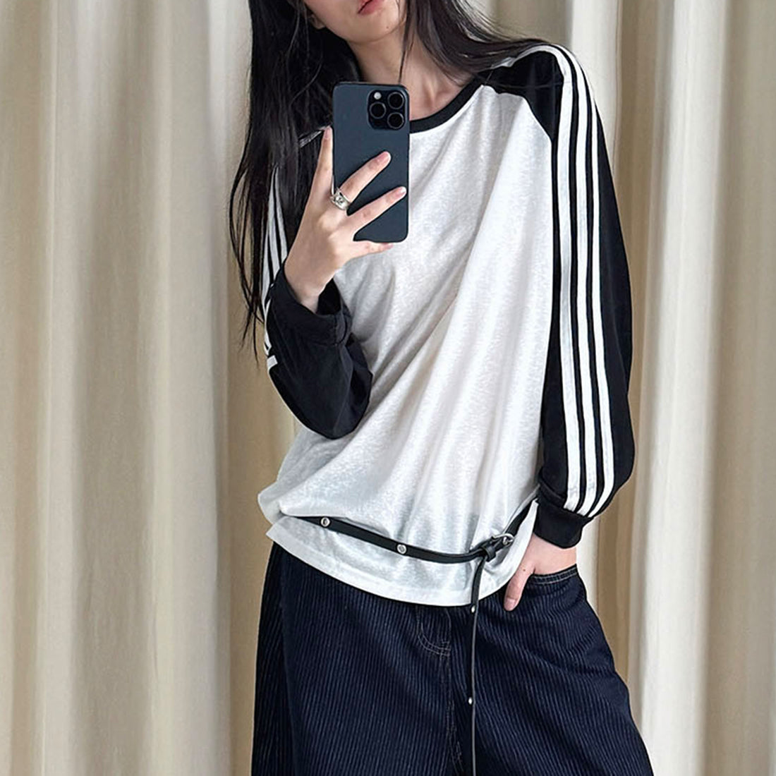 Retro contrasting striped loose T-shirt sunscreen top