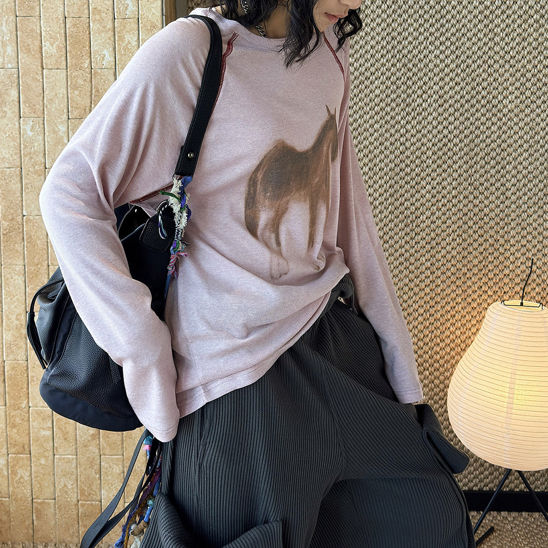 Printed open thread raglan sleeves long sleeved loose T-shirt top