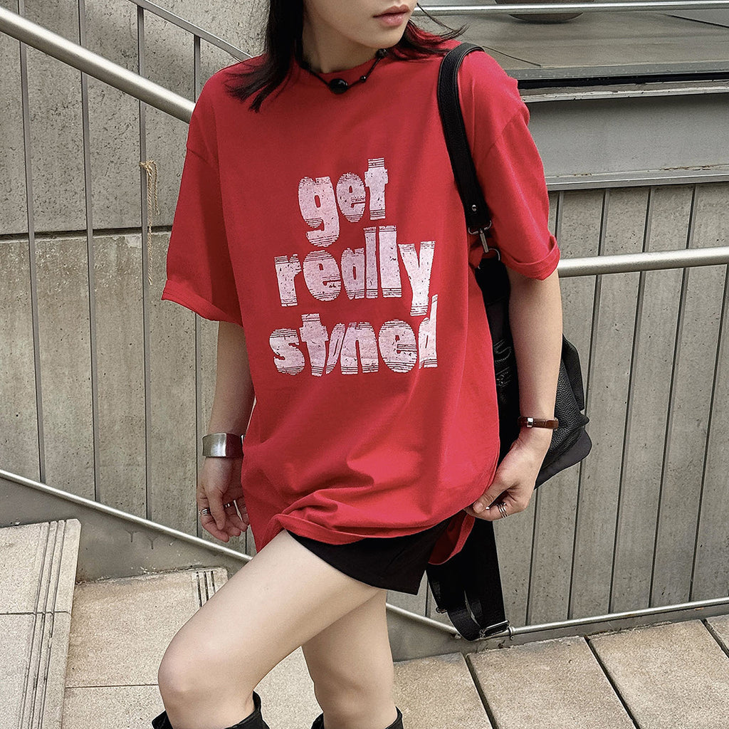 Round neck letter printed shoulder loose T-shirt top