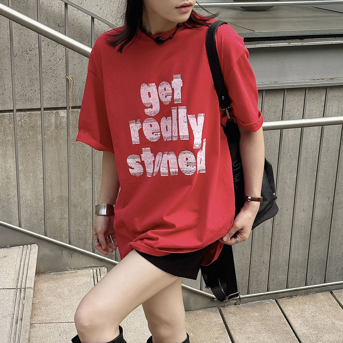 Round neck letter printed shoulder loose T-shirt top